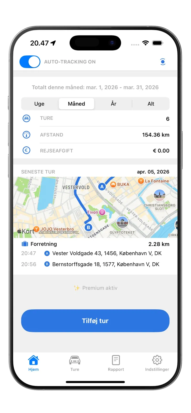 Tripbooks startskærm med automatisk sporing slået til og den seneste tur