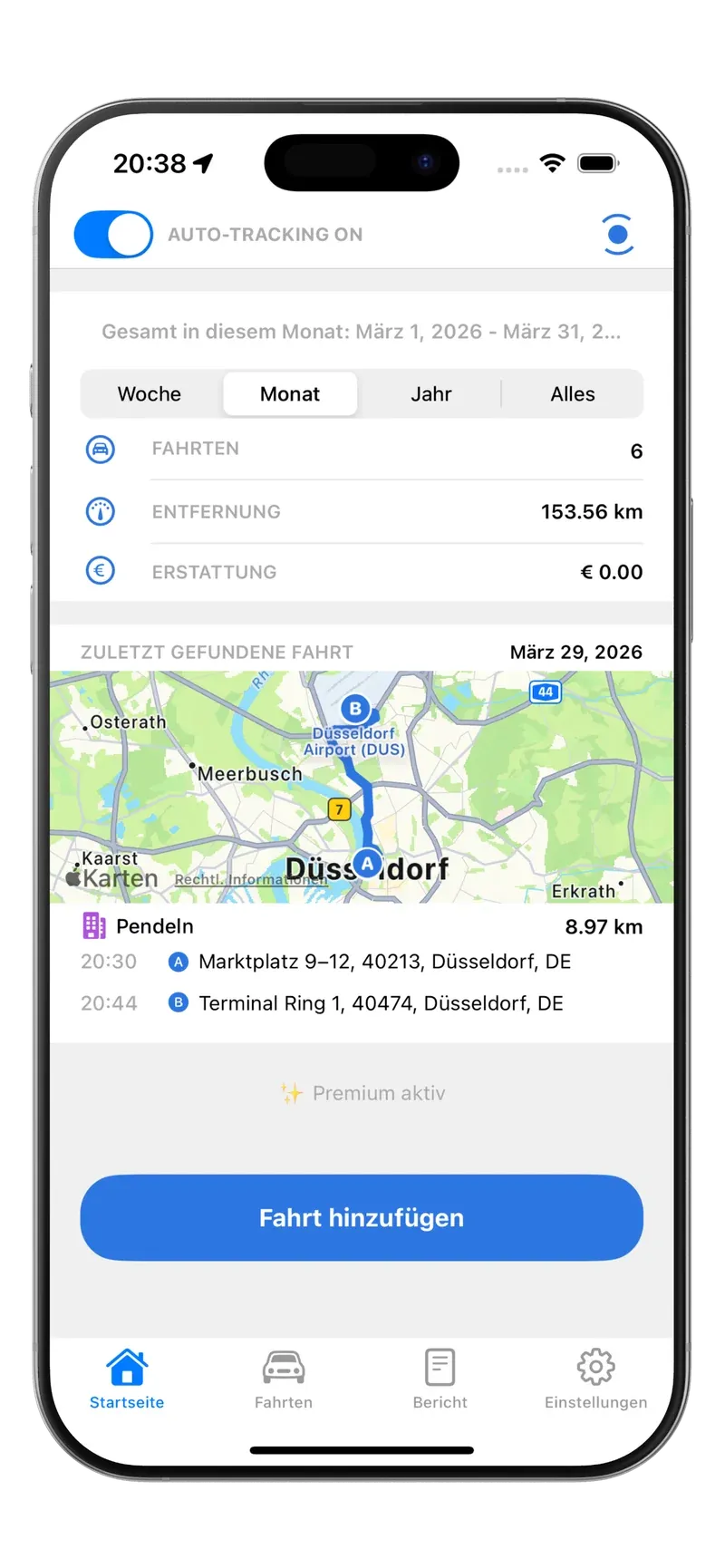Tripbook-Startbildschirm mit aktivem automatischem Tracking und der letzten Fahrt