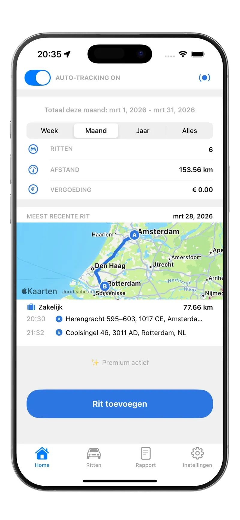 Tripbook-startscherm met automatische tracking aan en de meest recente rit