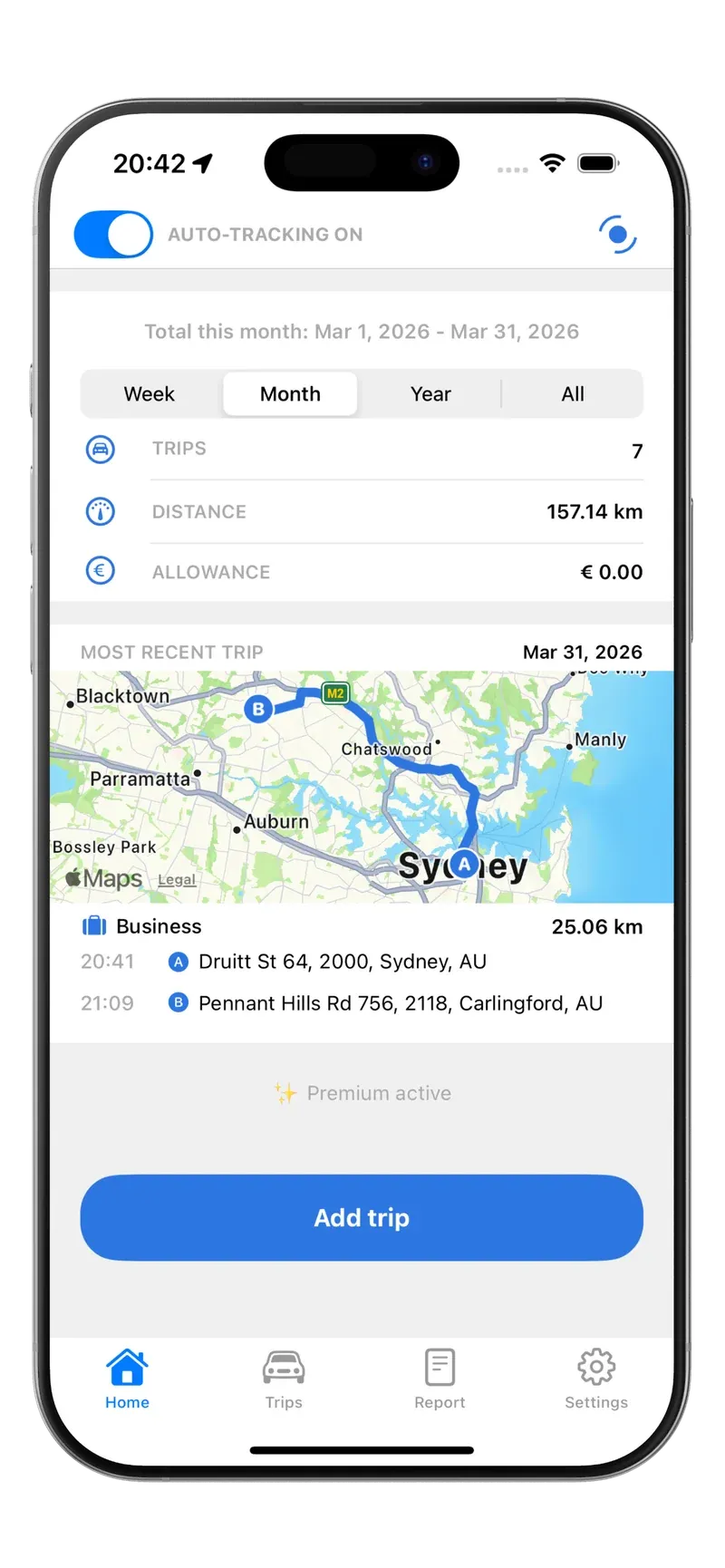 Tripbook home screen with automatic tracking on and the most recent trip