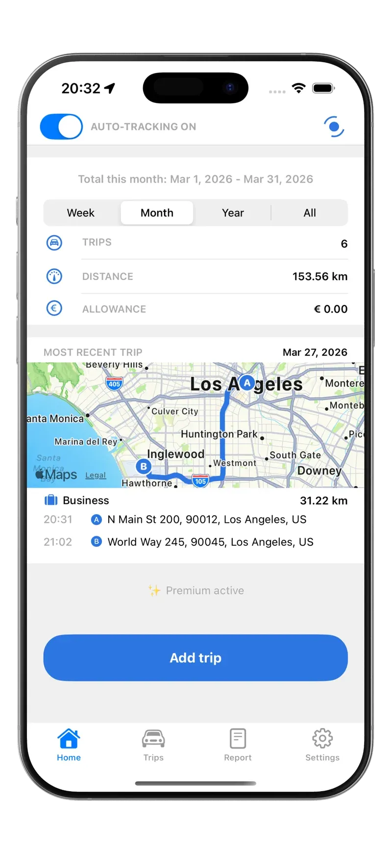 Tripbook home screen with automatic tracking on and the most recent trip