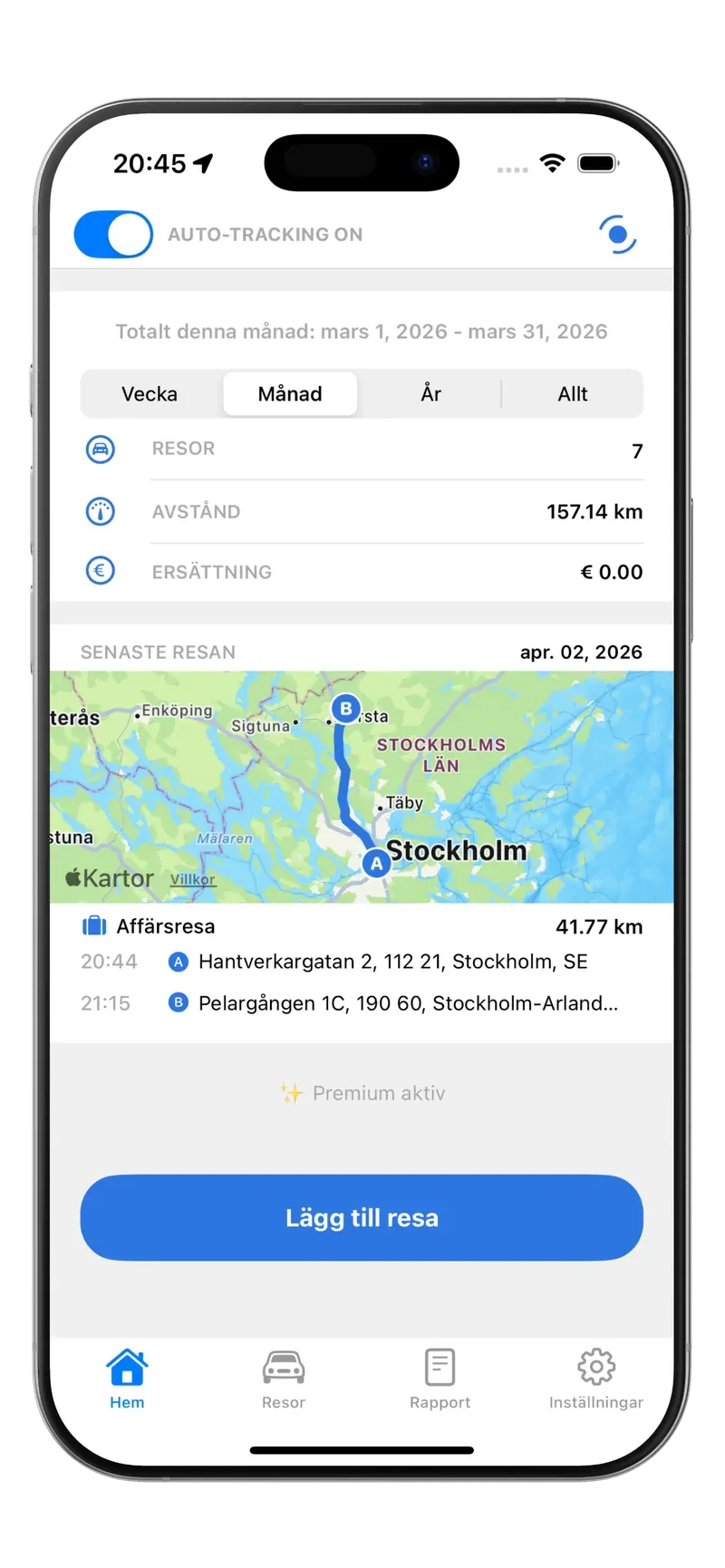Tripbooks startskärm med automatisk spårning på och den senaste resan