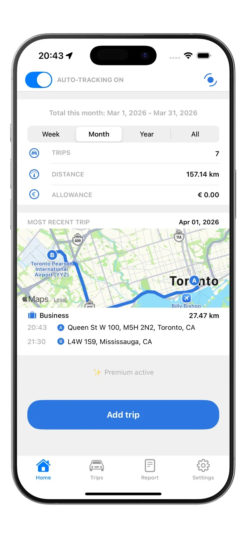 Tripbook home screen with automatic tracking on and the most recent trip