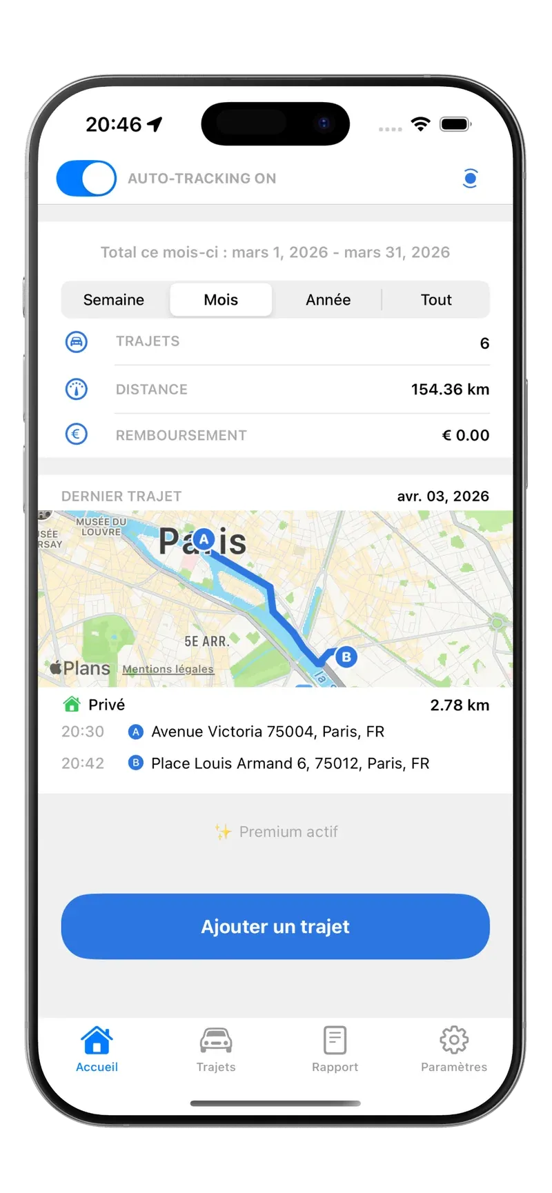 Écran d’accueil de Tripbook avec le suivi automatique activé et le dernier trajet