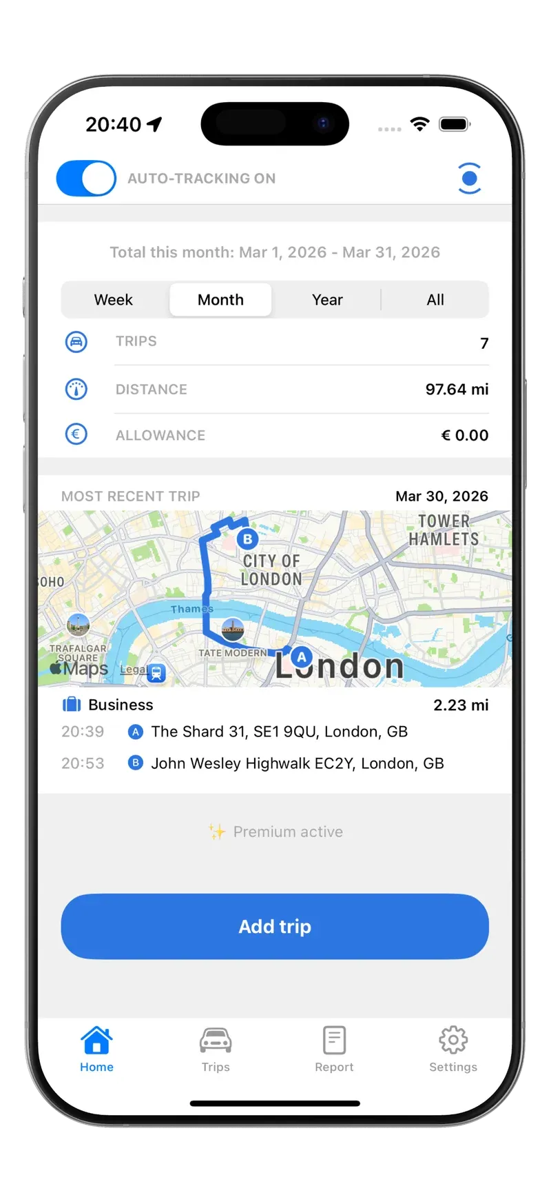 Tripbook home screen with automatic tracking on and the most recent trip