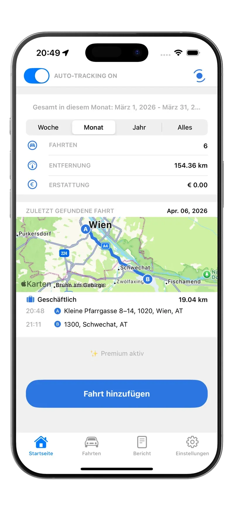 Tripbook-Startbildschirm mit aktivem automatischem Tracking und der letzten Fahrt