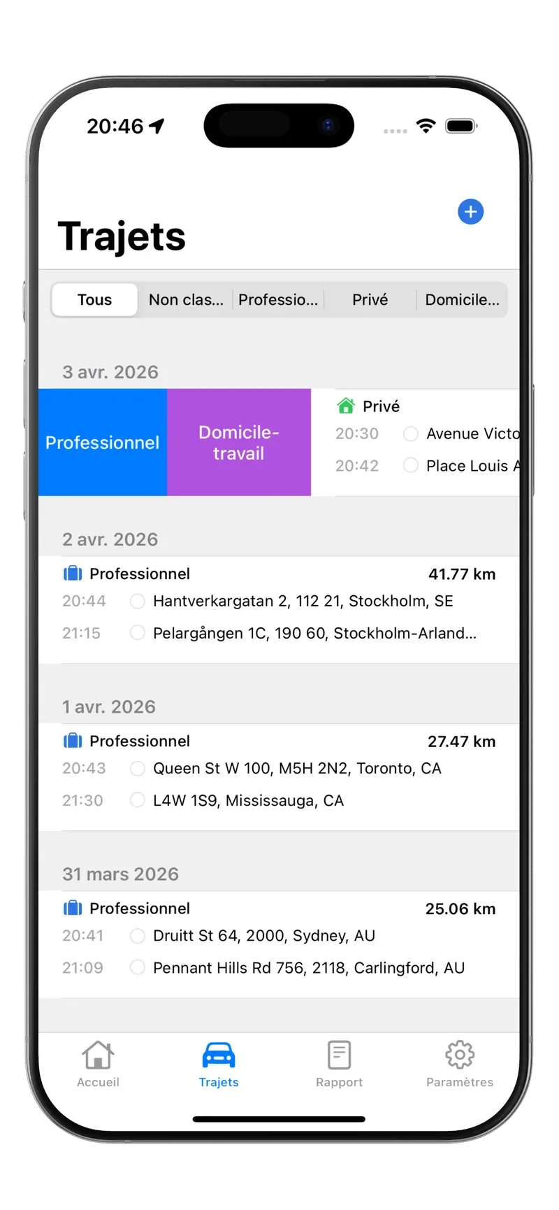 Liste des trajets dans Tripbook, enregistrés automatiquement
