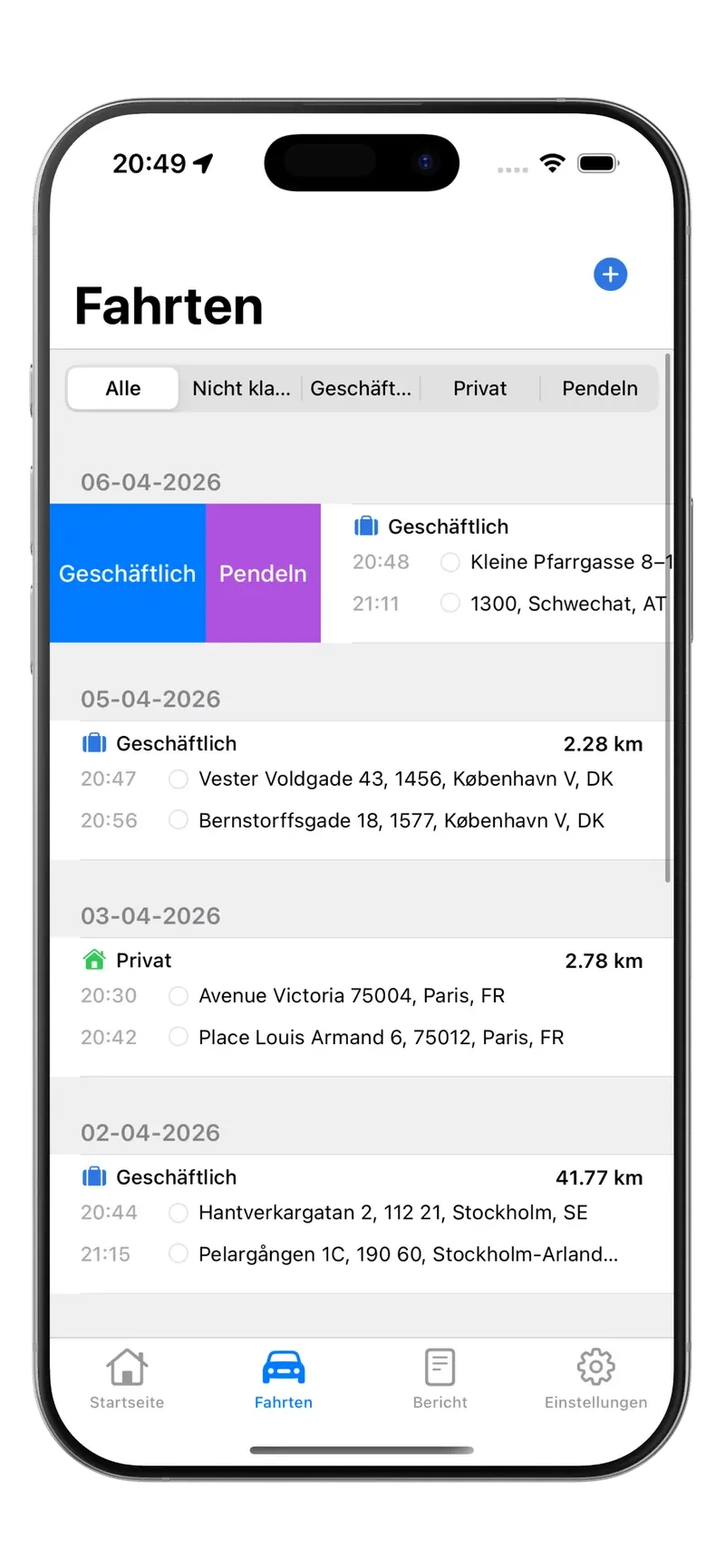 Fahrtenliste in Tripbook mit automatisch erfassten Fahrten