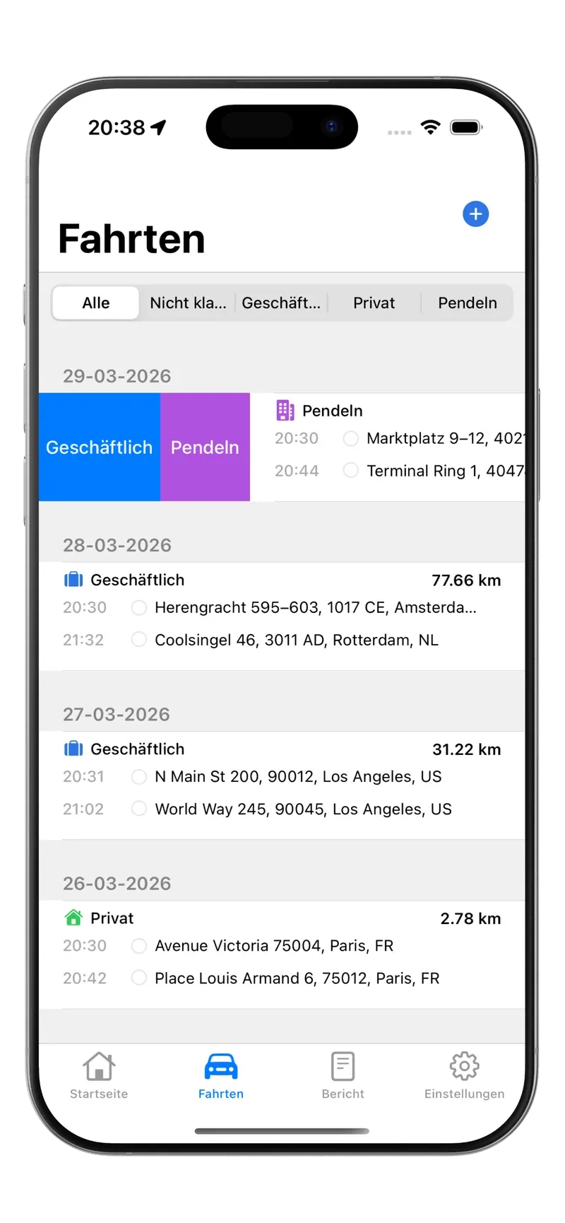Fahrtenliste in Tripbook mit automatisch erfassten Fahrten