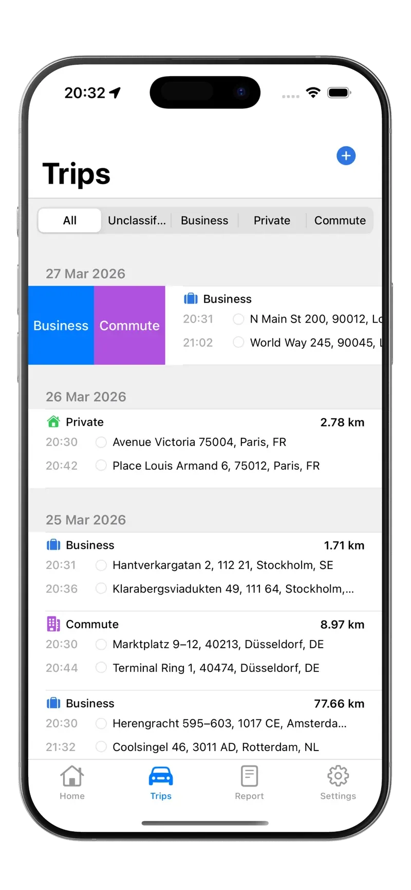 Trip list in Tripbook with automatically recorded trips