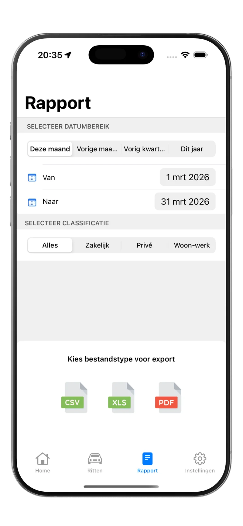 Rittenregistratie app rapportage xls, csv en pdf