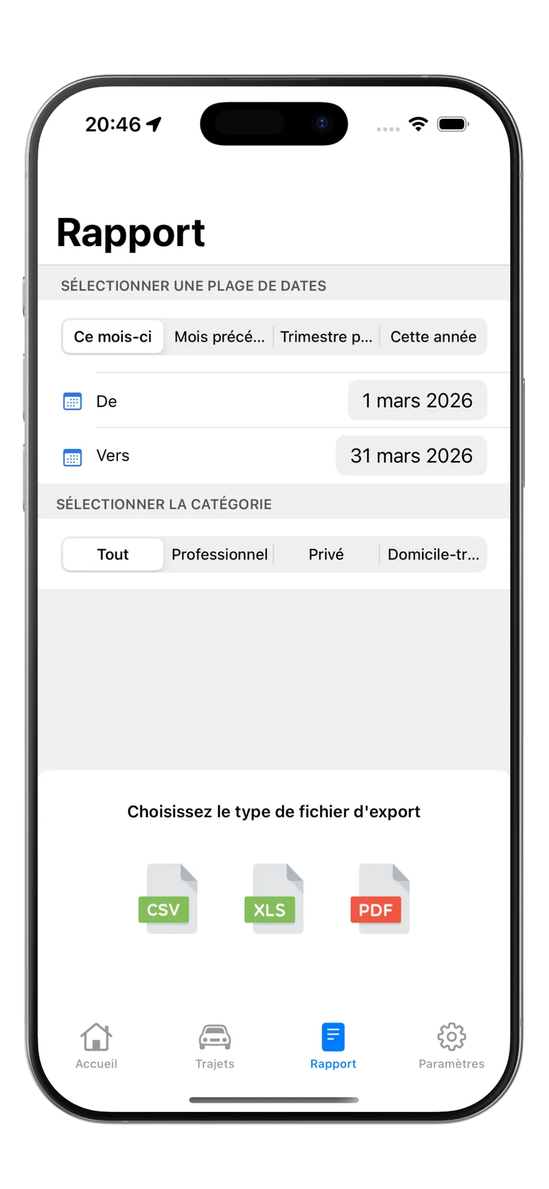 Rapports kilométriques en XLS, CSV et PDF