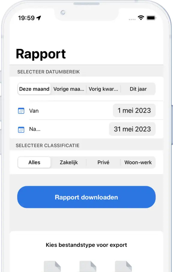 Rittenregistratie app rapportage xls, csv en pdf
