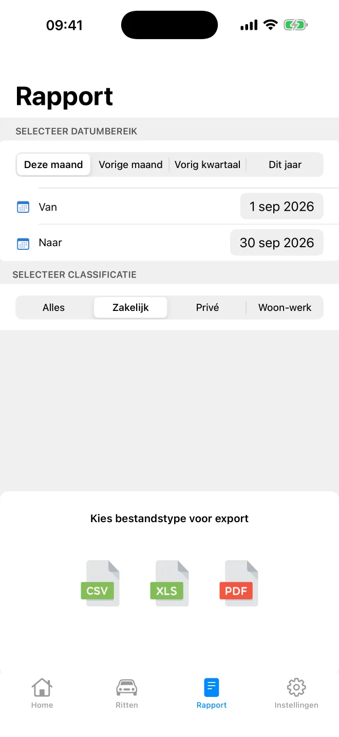 Rapportscherm in Tripbook met de keuze voor export als CSV, XLS of PDF