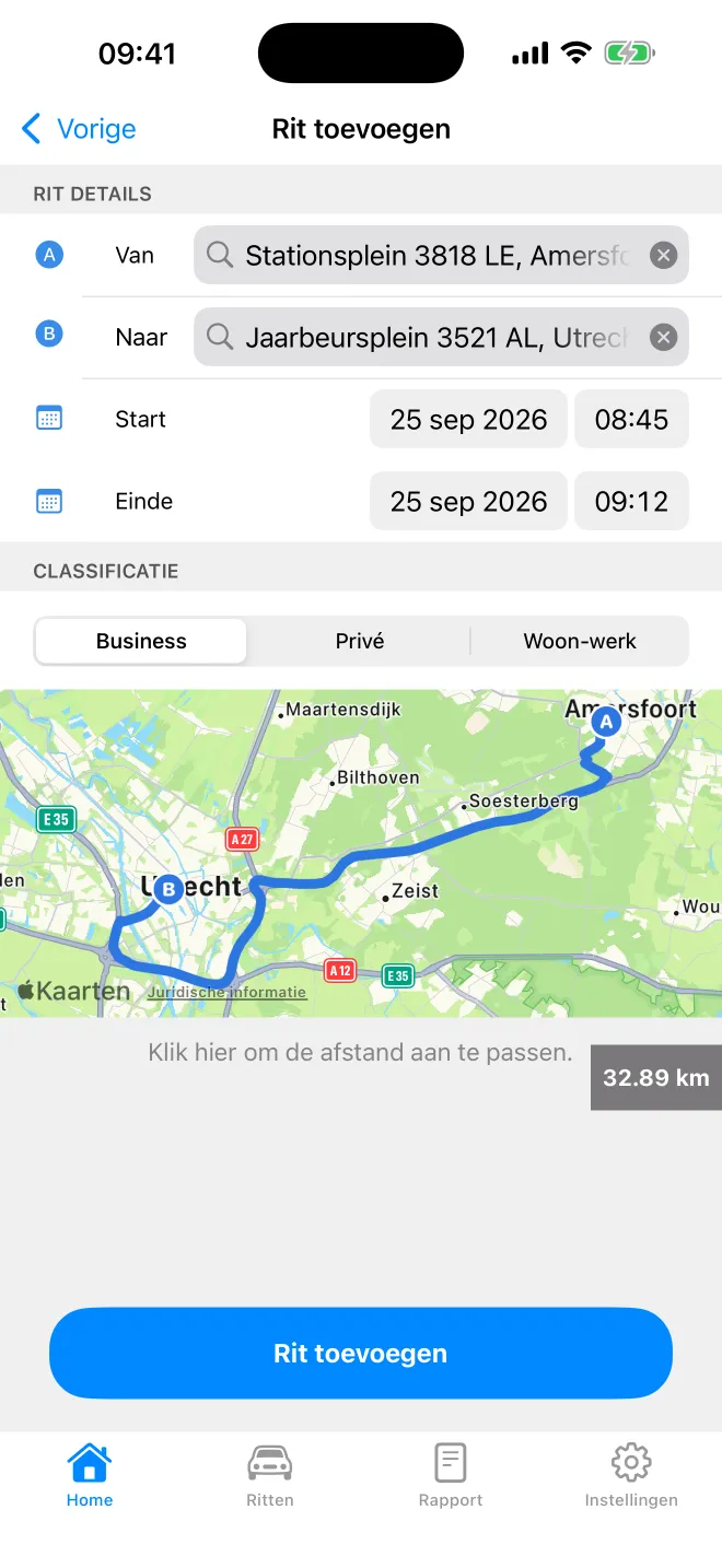 Rit handmatig toevoegen in Tripbook met adressen, datum, tijden en classificatie