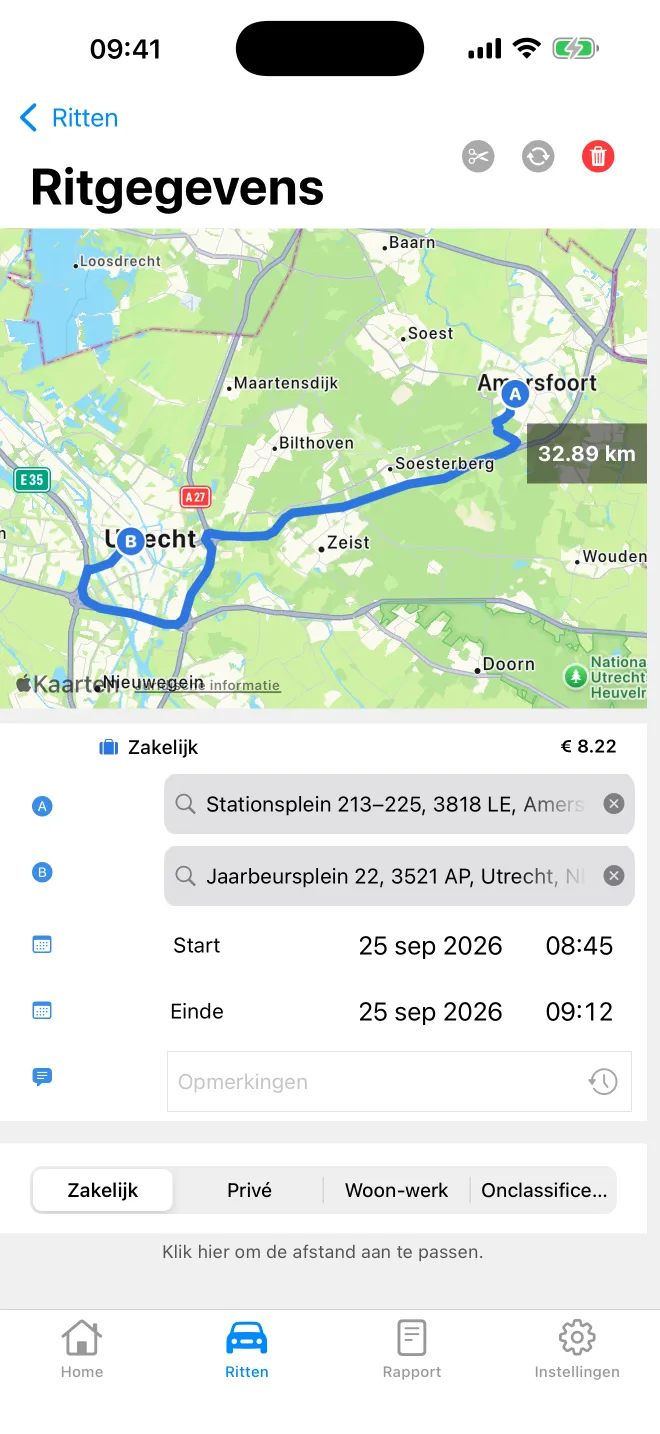 Ritgegevens in Tripbook: route van Amersfoort naar Utrecht op de kaart, adressen, datum en tijden, en de classificatie zakelijk
