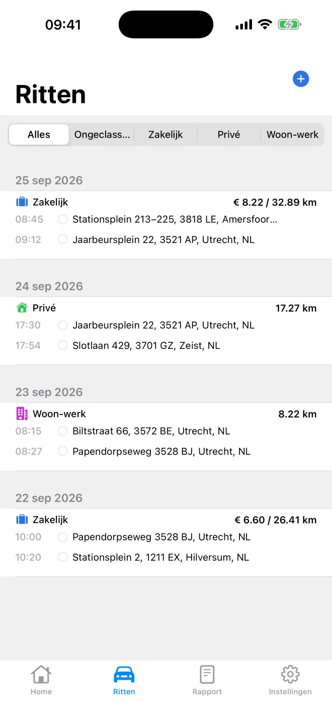 Rittenlijst in Tripbook met datum, adressen, kilometers en soort per rit