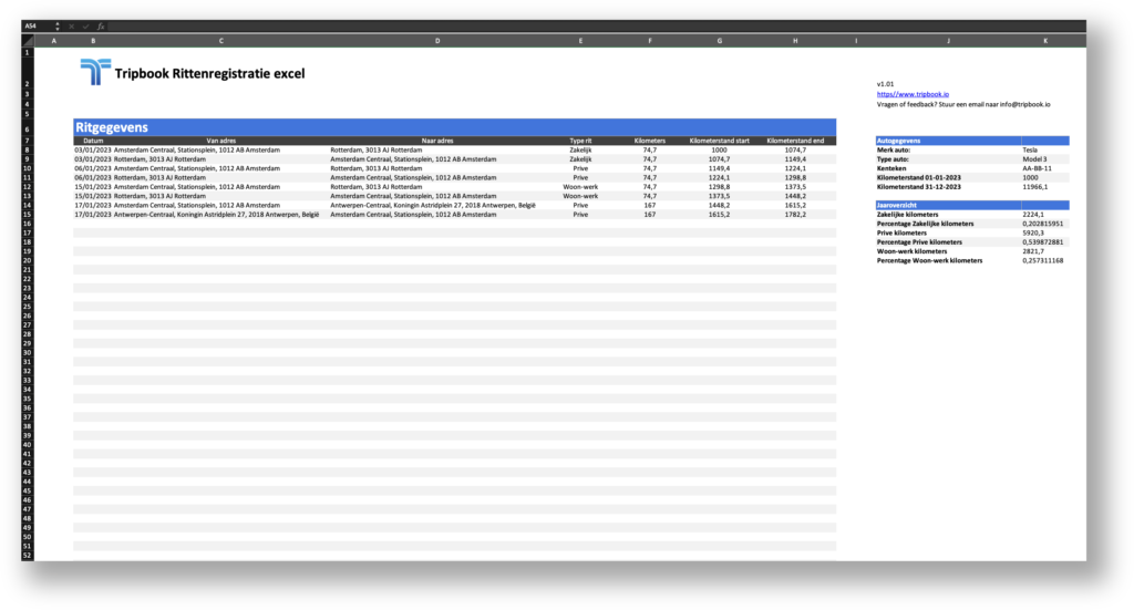 Rittenregistratie excel template